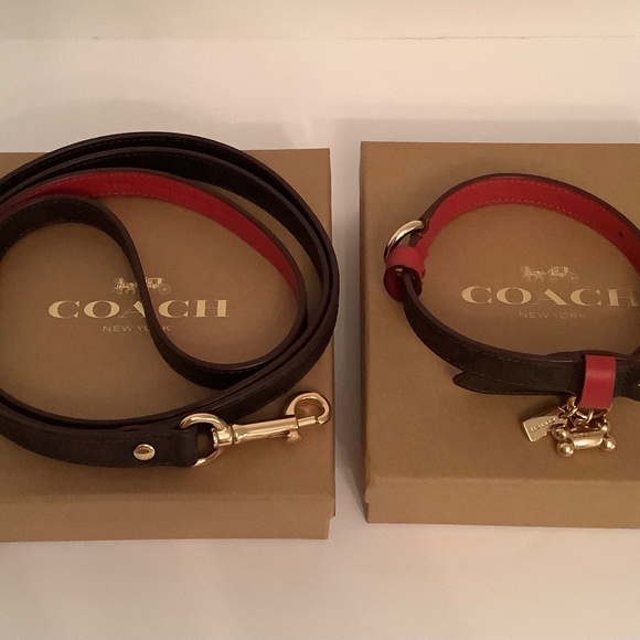 COACH Brown Signature Red Leather Dog Collar Leash Set Sz Small 9.5” - 11” NWT - Picture 8 of 8
